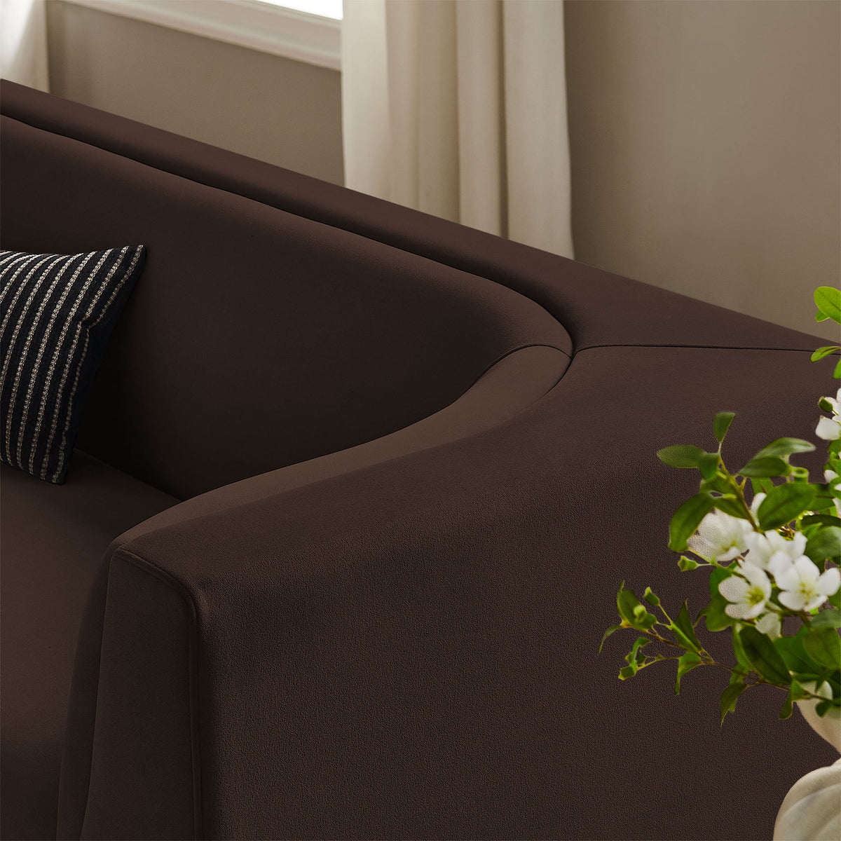 Hilda Chocolate Brown 86" Curved Back Performance Velvet Sofa - Ornate Home