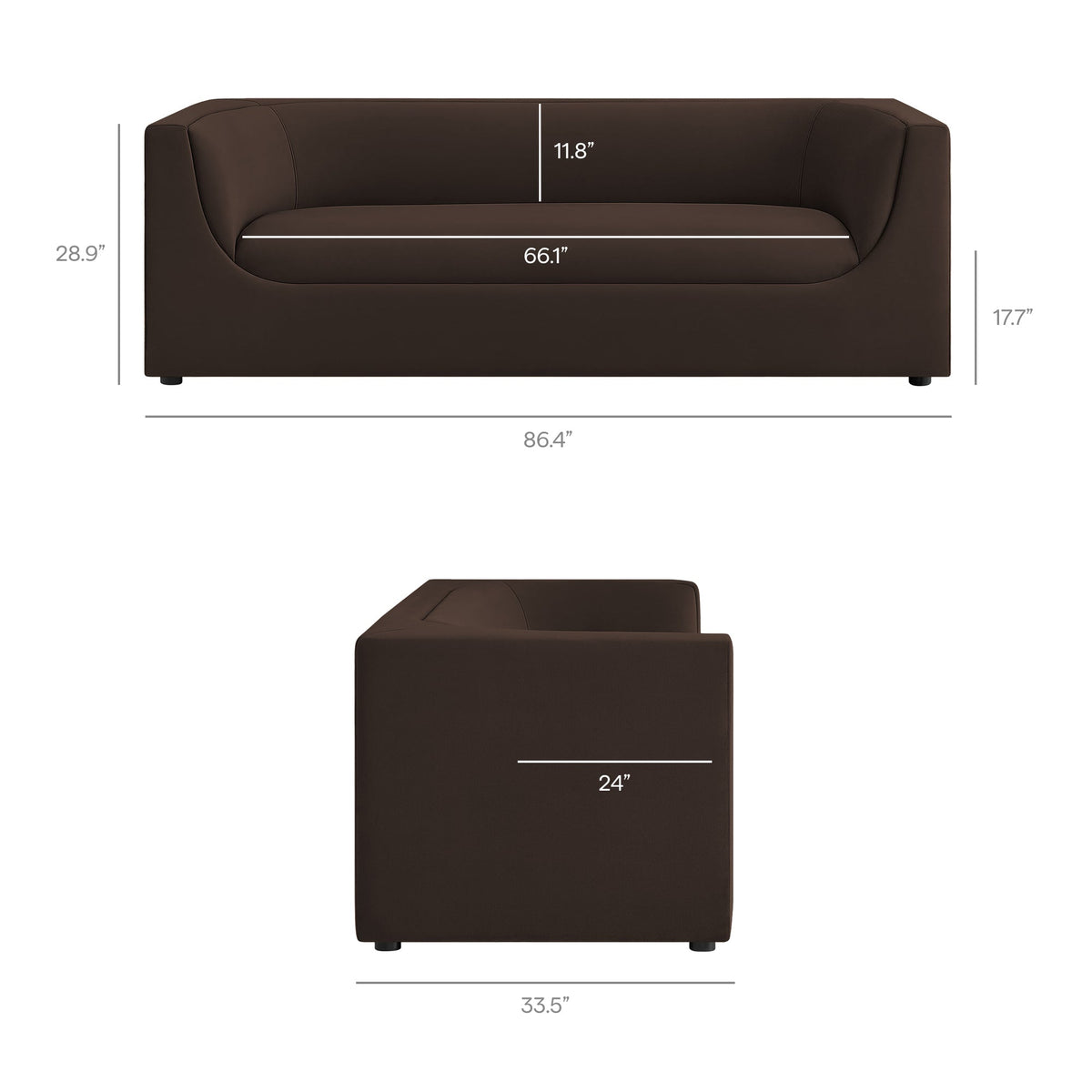 Hilda Chocolate Brown 86" Curved Back Performance Velvet Sofa - Ornate Home