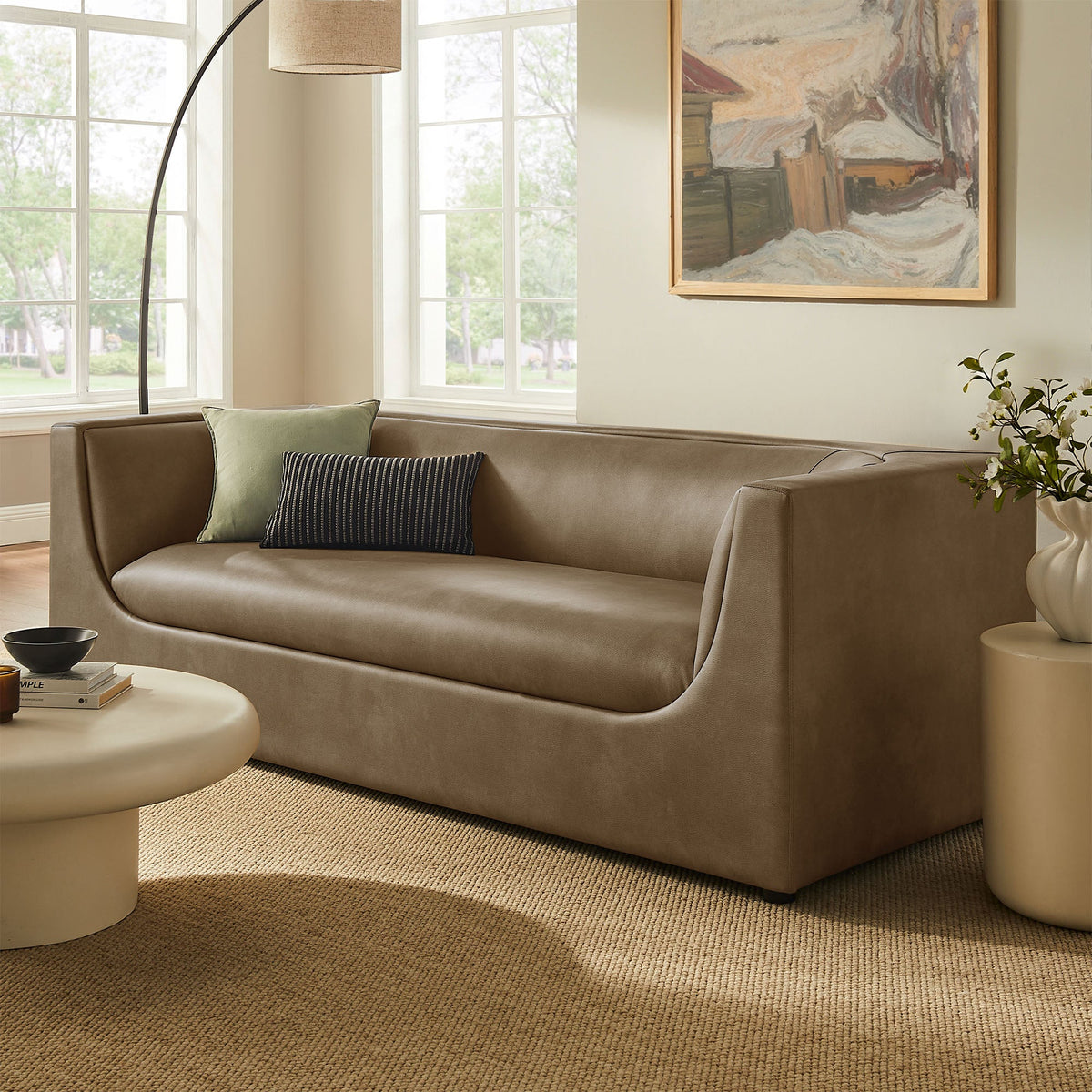 Hilda Mushroom 86" Curved Back Vegan Leather Sofa - Ornate Home