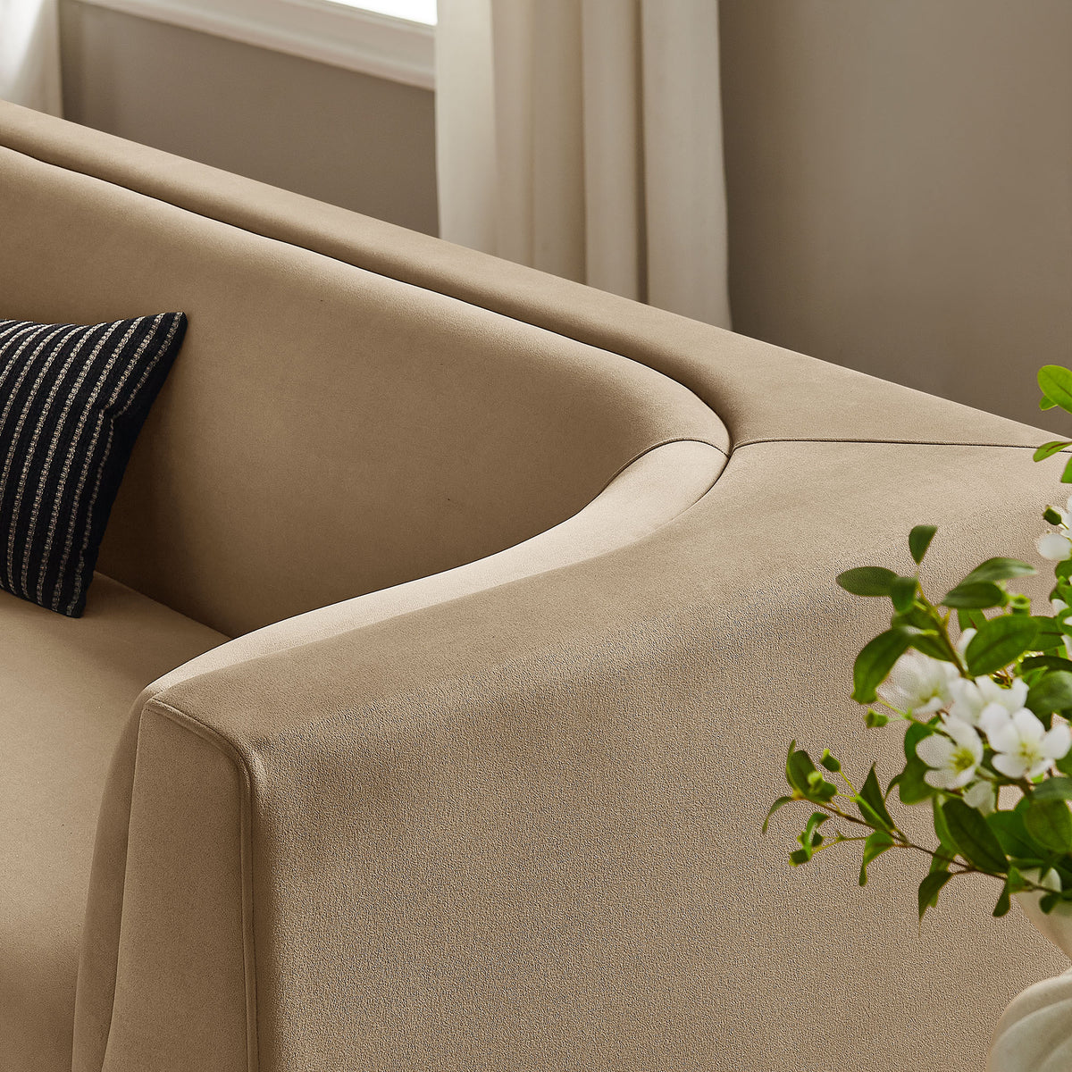 Hilda Taupe 86" Curved Back Performance Velvet Sofa - Ornate Home
