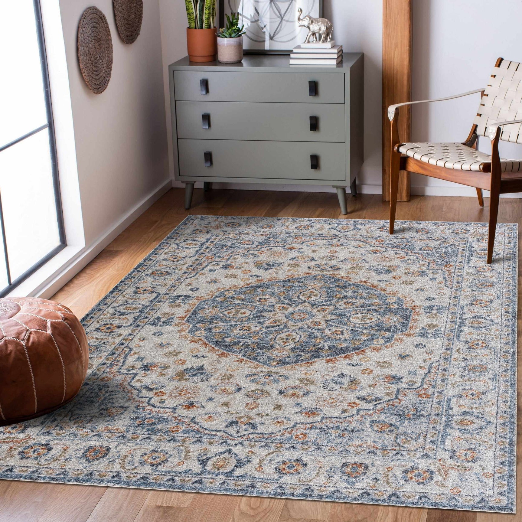 Hiti Cream&Blue Washable Rug - Clearance - Ornate Home