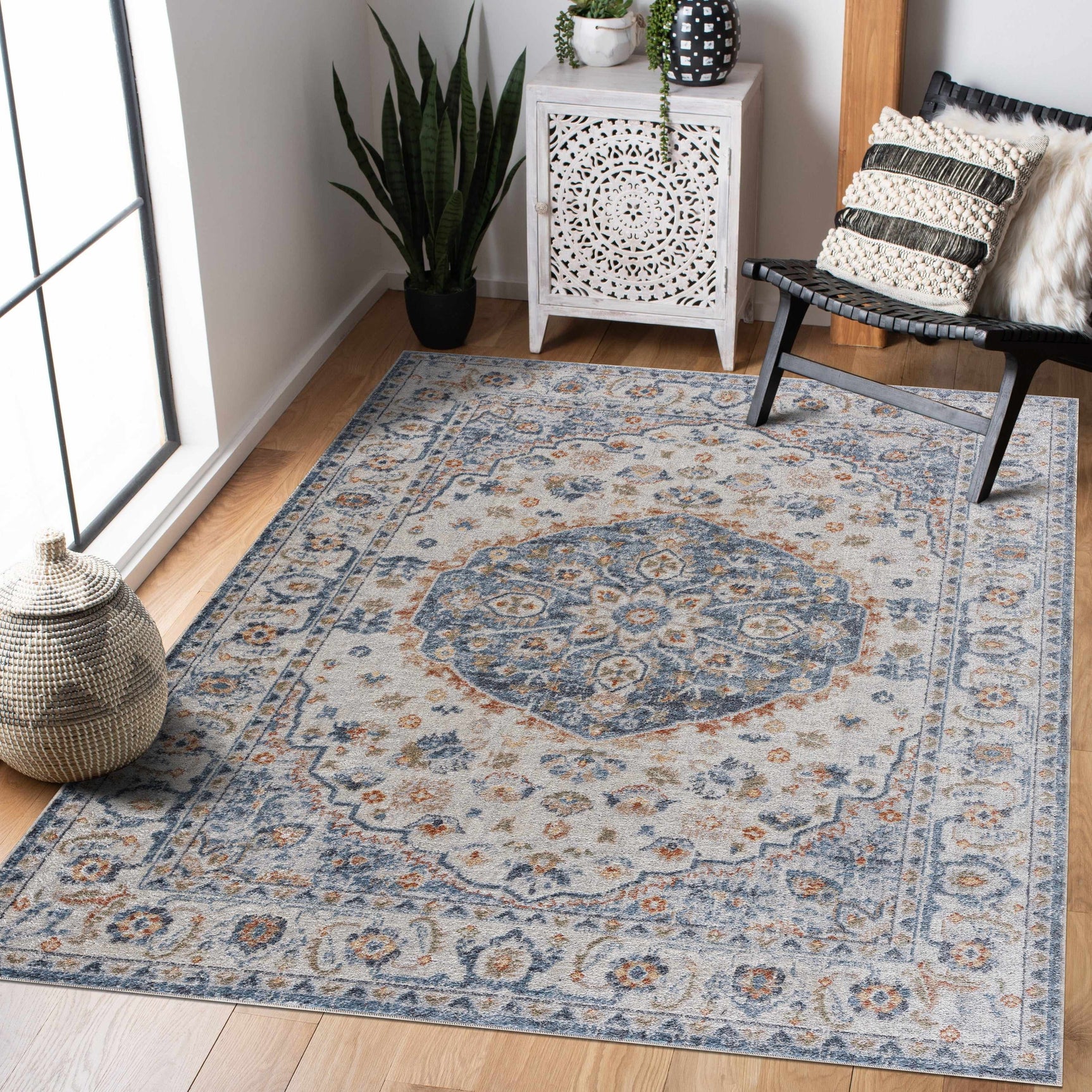 Hiti Cream&Blue Washable Rug - Clearance - Ornate Home