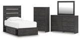 Hollivern Dark Gray Twin Panel Storage Bed, Dresser, Mirror and Chest (Online Special Price) - Ornate Home