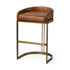 Hollyfield Cognac Brown/Gold Leather Seat Metal Base Bar Stool - 68574 - Ornate Home