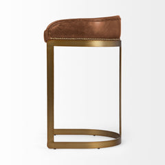 Hollyfield Cognac Brown/Gold Leather Seat Metal Base Bar Stool - 68574 - Ornate Home