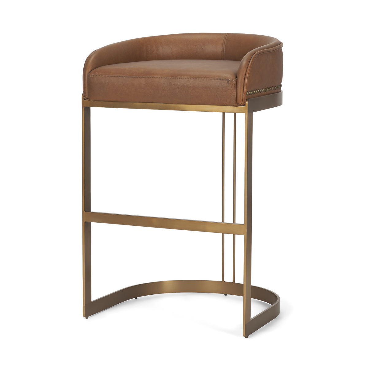 Hollyfield Cognac Brown/Gold Leather Seat Metal Base Bar Stool - 68574V - Ornate Home