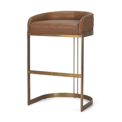 Hollyfield Cognac Brown/Gold Leather Seat Metal Base Bar Stool - 68574V - Ornate Home