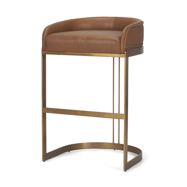 Hollyfield Cognac Brown/Gold Leather Seat Metal Base Bar Stool - 68574V - Ornate Home