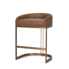 Hollyfield Cognac Brown/Gold Leather Seat Metal Base Counter Stool - 68573V - Ornate Home