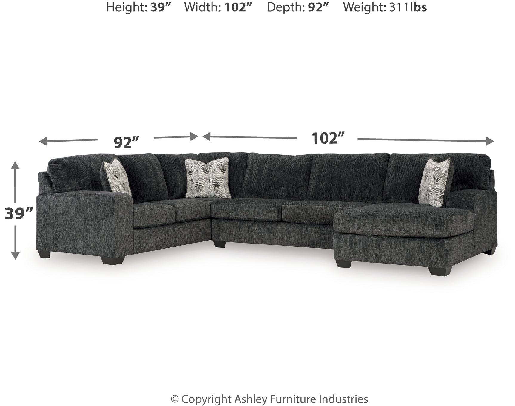 Hollyview Shadow 3-Piece Sectional with Chaise - Ornate Home