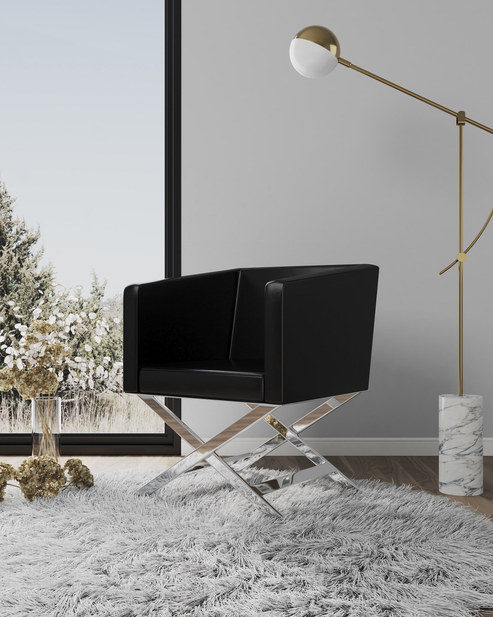 Hollywood Lounge Accent Chair in Black and Polished Chrome - Ornate Home