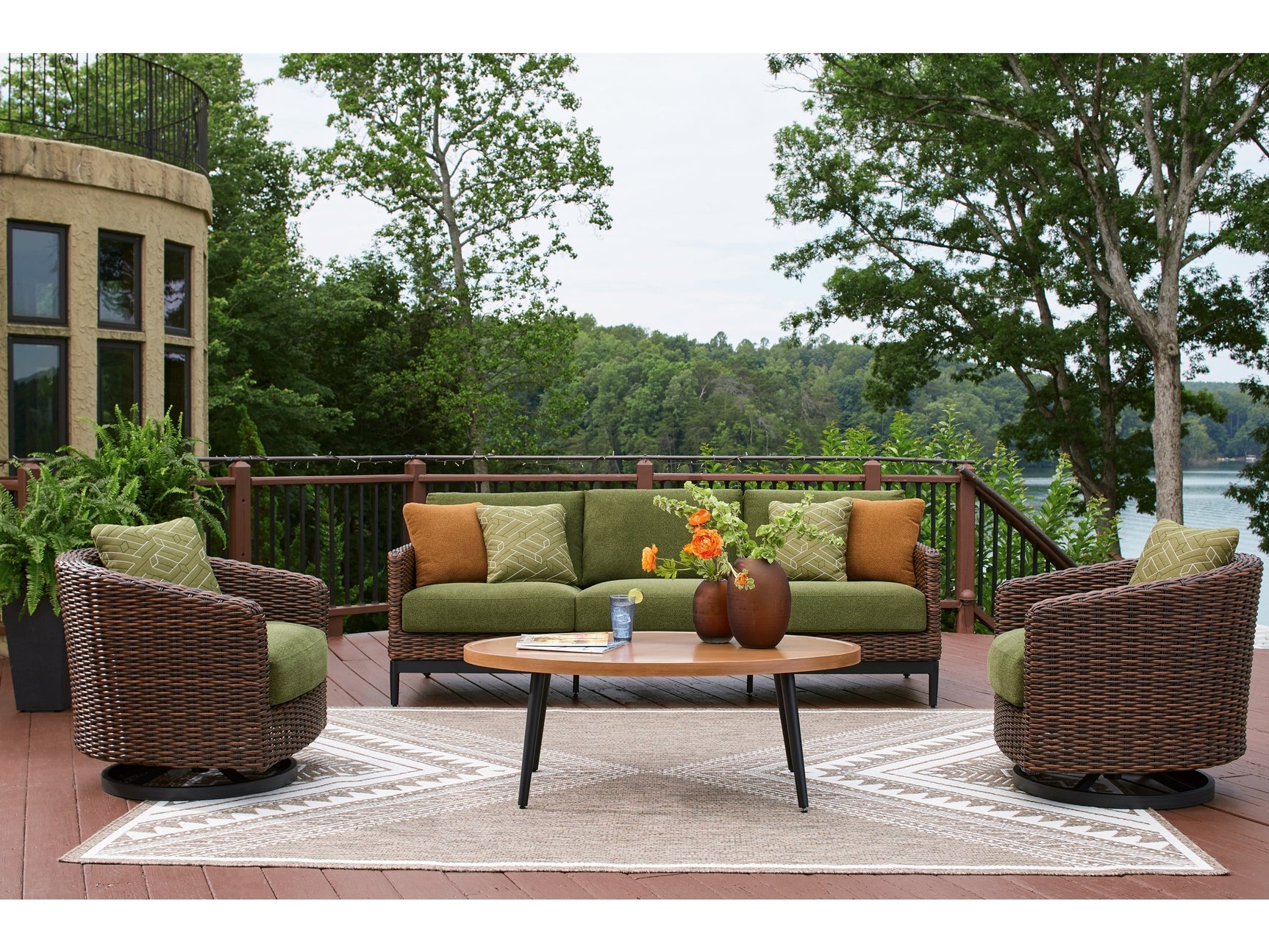 Horizon Hall Brown Outdoor Sofa, 2 Lounge Chairs, Ottoman and Coffee Table - Ornate Home