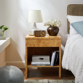 Hudson Natural 1-Drawer Burl Wood Nightstand With Shelf - Ornate Home