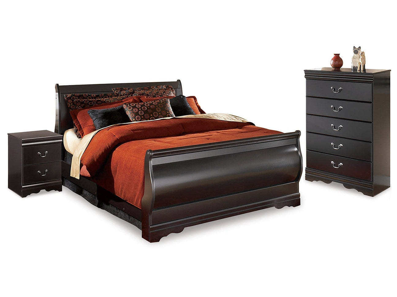 Huey Vineyard Black Full Sleigh Bed & Chest & 2 Nightstands (Online Special Price) - Ornate Home