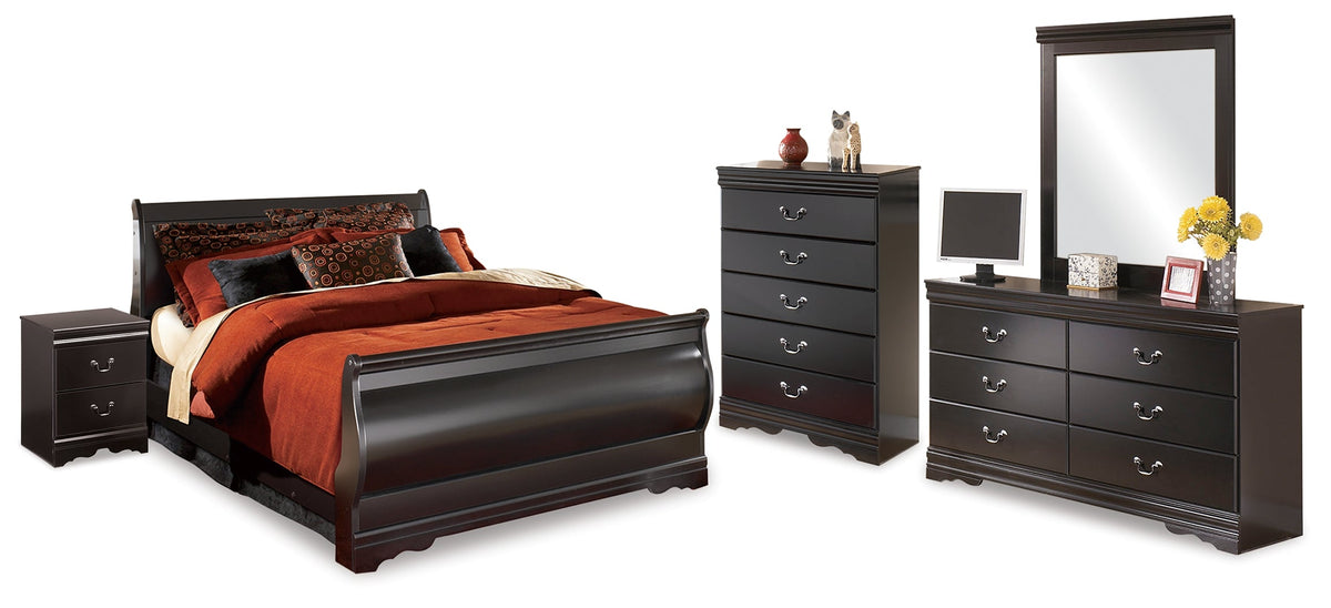 Huey Vineyard Black Full Sleigh Bedroom Set with Dresser, Mirror, Chest and 2 Nightstands - Ornate Home
