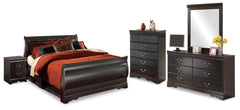 Huey Vineyard Black Full Sleigh Bedroom Set with Dresser, Mirror, Chest and 2 Nightstands - Ornate Home