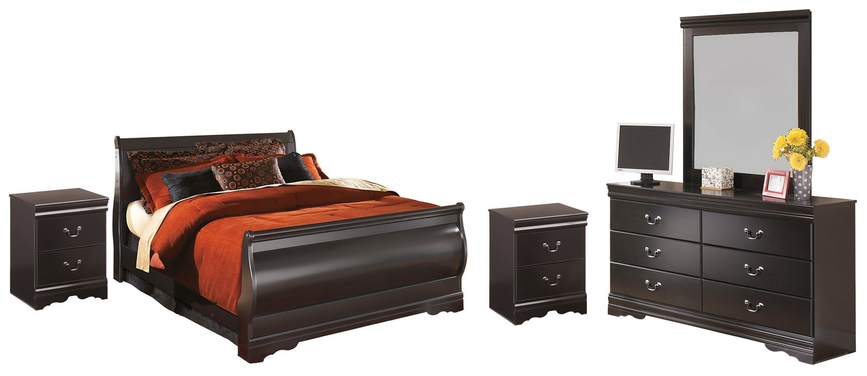 Huey Vineyard Black Full Sleigh Bedroom Set with Mirrored Dresser and 2 Nightstands (Online Special Price) - Ornate Home