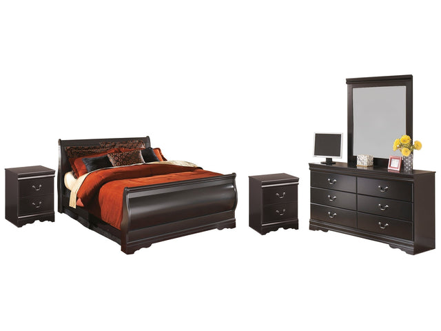 Huey Vineyard Black Full Sleigh Bedroom Set with Mirrored Dresser and 2 Nightstands - Ornate Home