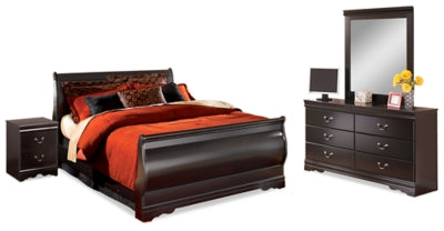 Huey Vineyard Black Queen Bedroom Set with Mirrored Dresser and Nightstand - Ornate Home