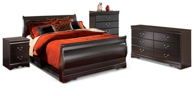 Huey Vineyard Black Queen Sleigh Bedroom Set with Dresser, Chest and Nightstand - Ornate Home