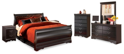 Huey Vineyard Black Queen Sleigh Bedroom Set with Dresser, Mirror, Chest, and 2 Nightstands - Ornate Home