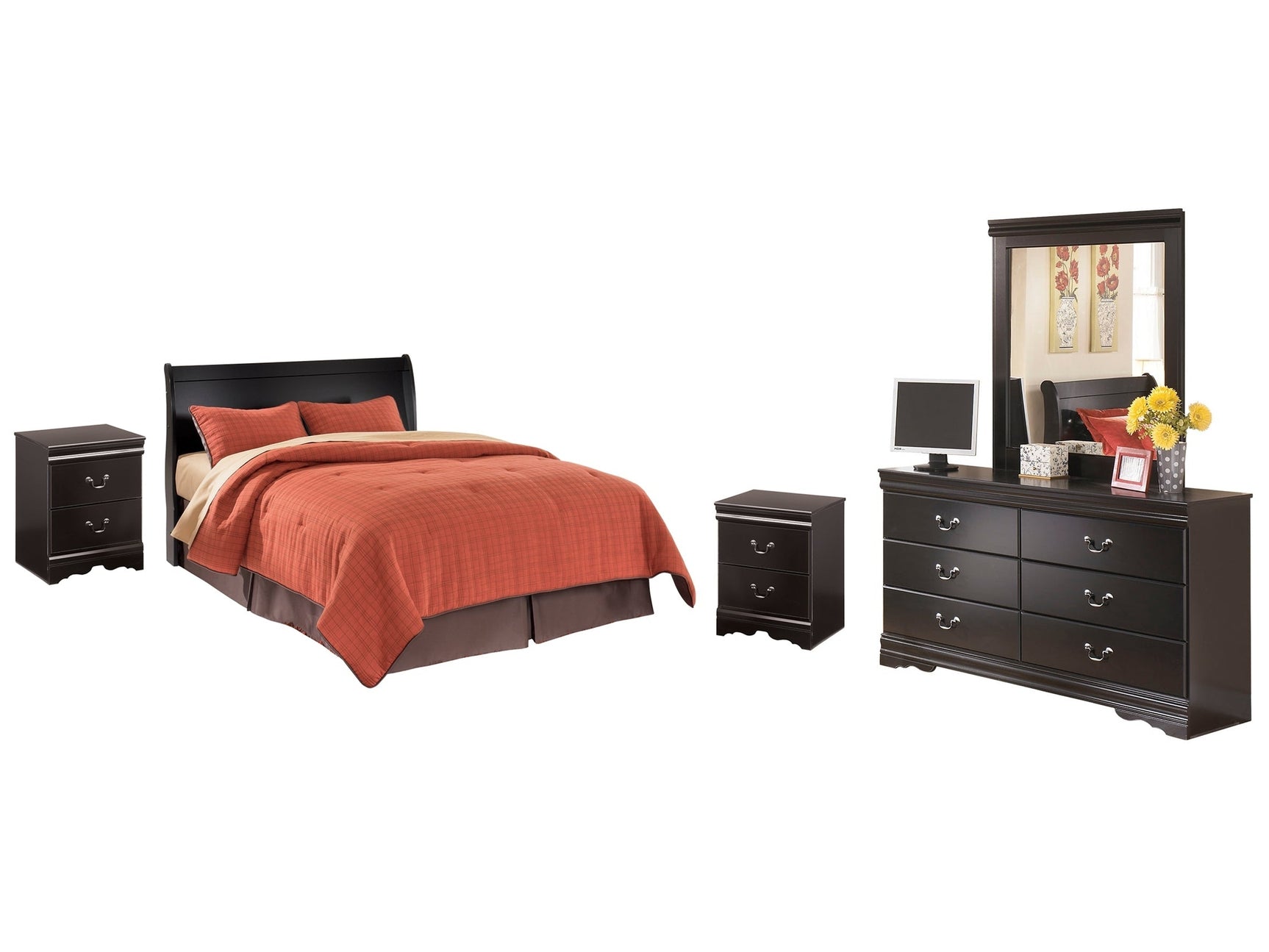 Huey Vineyard Black Queen Sleigh Headboard with Dresser, Mirror and 2 Nightstands (Online Special Price) - Ornate Home