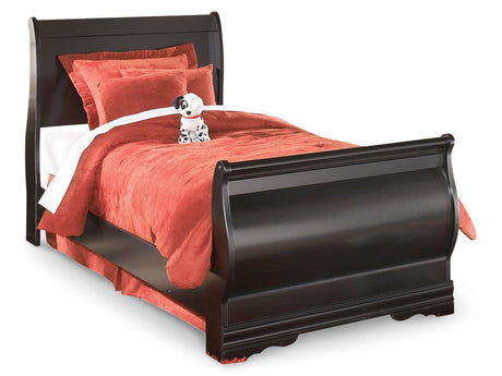 Huey Vineyard Black Twin Sleigh Bedroom Set with Mirrored Dresser and Nightstand - Ornate Home