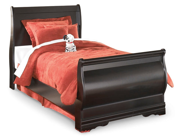Huey Vineyard Black Twin Sleigh Bedroom Set with Mirroed Dresser and Nightstand - Ornate Home