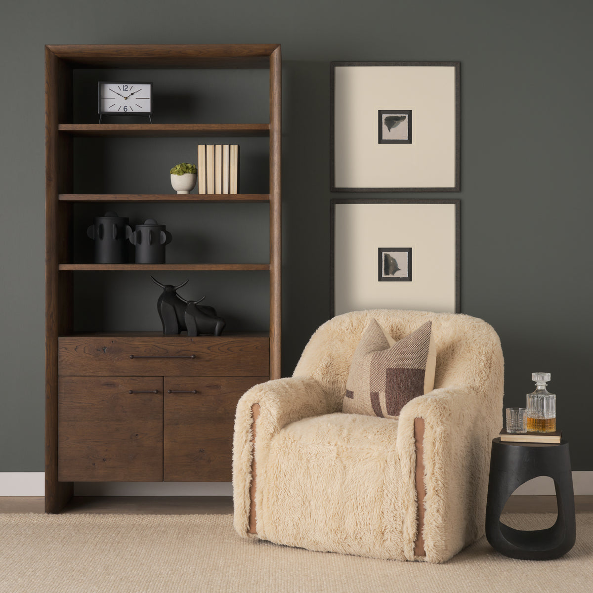 Huntley Cream Faux Fur Fabric Swivel Accent Chair