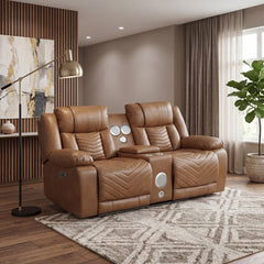 Huron Brown Power Double Reclining Loveseat With Center Console Wireless Speakers Led And Charging Ports - Ornate Home