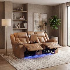 Huron Brown Power Double Reclining Loveseat With Center Console Wireless Speakers Led And Charging Ports - Ornate Home
