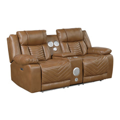 Huron Brown Power Double Reclining Loveseat With Center Console Wireless Speakers Led And Charging Ports - Ornate Home