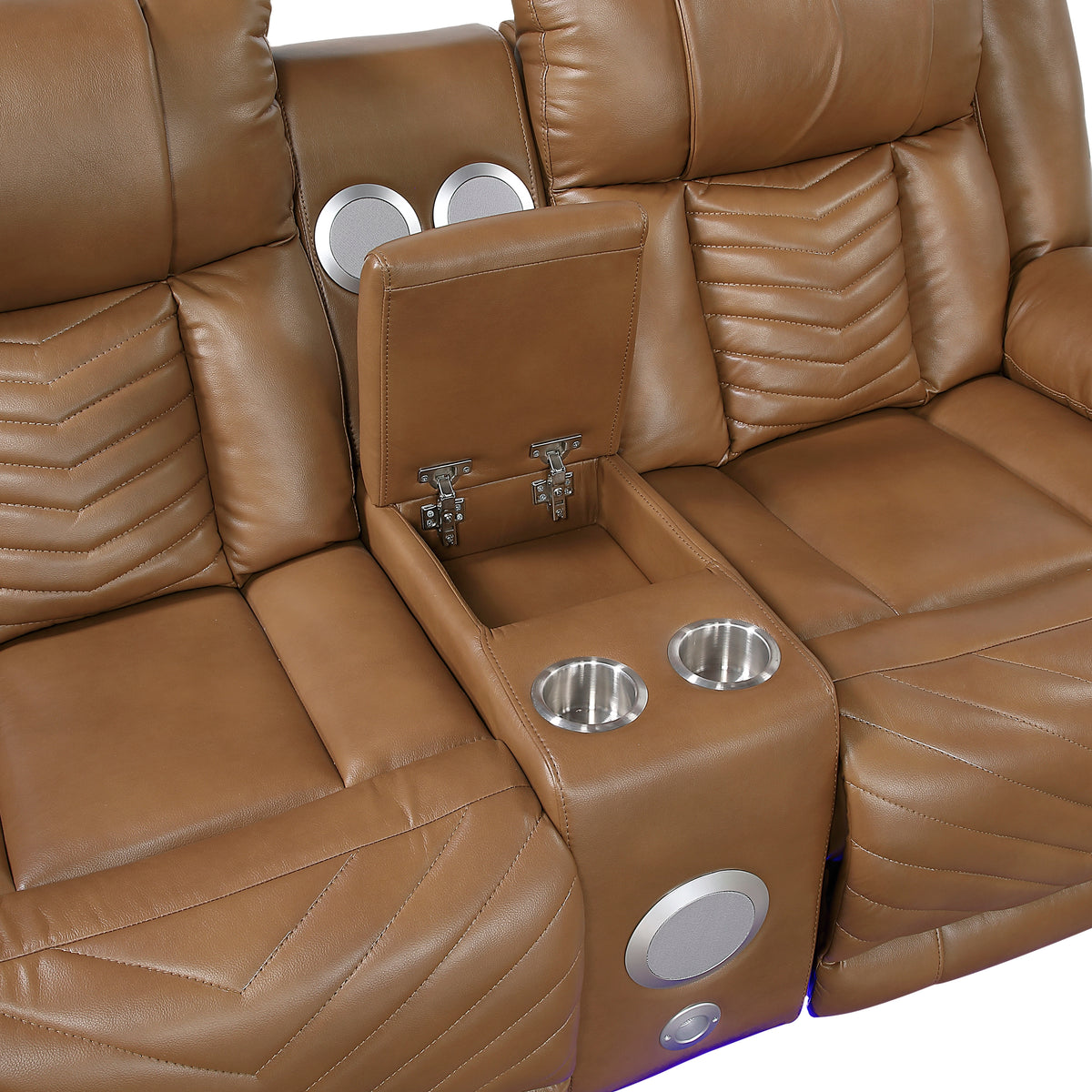 Huron Brown Power Double Reclining Loveseat With Center Console Wireless Speakers Led And Charging Ports - Ornate Home
