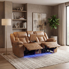 Huron Brown Power Double Reclining Loveseat With Center Console Wireless Speakers Led And Charging Ports - Ornate Home