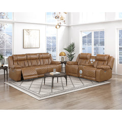 Huron Brown Power Double Reclining Sofa With Center Drop-down Cup Holders Wireless Charger Magazine Bag Led And Charging Ports - Ornate Home