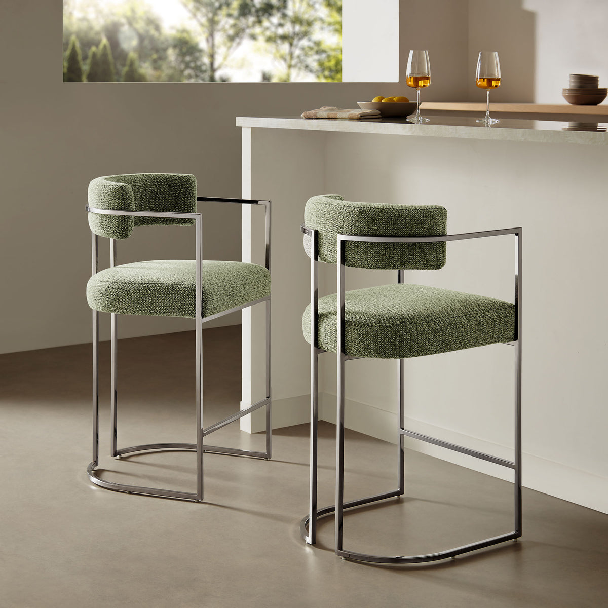Huron Silver/Leaf Curved Back Fabric and Metal Counter Stool - Ornate Home