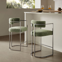 Huron Silver/Leaf Curved Back Fabric and Metal Counter Stool - Ornate Home