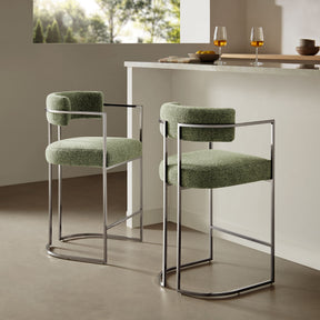 Huron Silver/Leaf Curved Back Fabric and Metal Counter Stool - Ornate Home