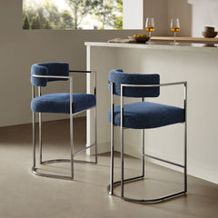 Huron Silver/Navy Curved Back Fabric and Metal Counter Stool - Ornate Home