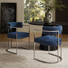 Huron Silver/Navy Curved Back Fabric and Metal Dining Accent Chair - Ornate Home