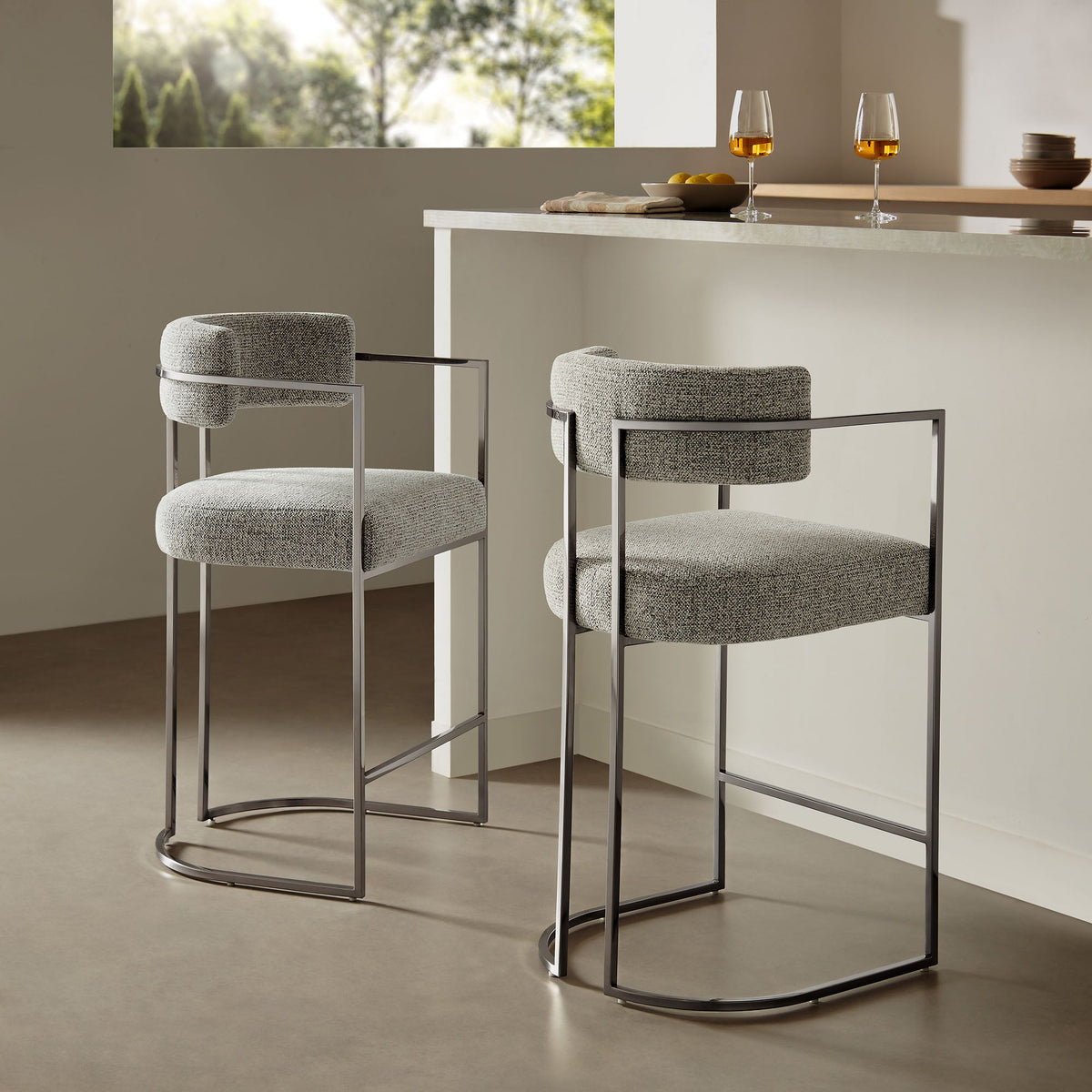 Huron Silver/Wheat Curved Back Fabric and Metal Counter Stool - Ornate Home