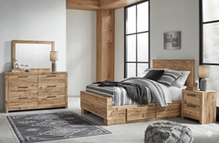 Hyanna Tan Brown Full Panel Bed w/ 2 Side Storage, Dresser, Mirror and Nightstand - Ornate Home