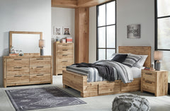 Hyanna Tan Brown Full Panel Bed w/ 2 Side Storage, Dresser, Mirror and Nightstand - Ornate Home