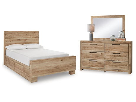 Hyanna Tan Brown Full Panel Bedroom Set with 1 Side Storage, Dresser and Mirror - Ornate Home