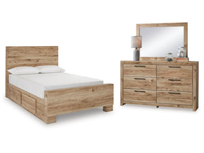 Hyanna Tan Brown Full Panel Bedroom Set with 2 Side Storage, Dresser and Mirror (Online Special Price) - Ornate Home