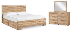 Hyanna Tan Brown King Panel Bedroom Set with 2 Side Storage, Dresser and Mirror - Ornate Home