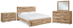Hyanna Tan Brown King Panel Storage Bed, Dresser, Mirror and 2 Nightstands - Ornate Home