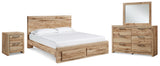 Hyanna Tan Brown King Panel Storage Bed, Dresser, Mirror and Nightstand - Ornate Home
