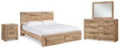 Hyanna Tan Brown King Panel Storage Bed, Dresser, Mirror and Nightstand - Ornate Home