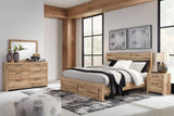 Hyanna Tan Brown Queen Panel Storage Bed w/ Fb Storage, Dresser, Mirror and 2 Nightstands - Ornate Home